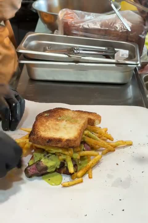 The steak and fries sando from Sunny Side Sandwiches, filmed by byalexclements
