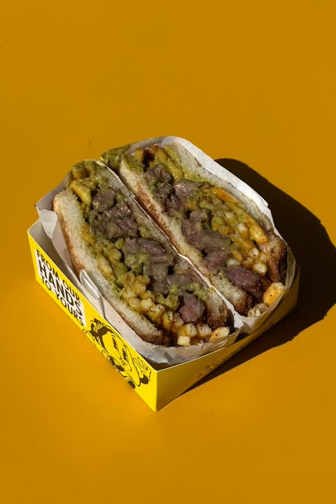 jyuuli with the steak and fries sando outside Sunny Side Sandwiches