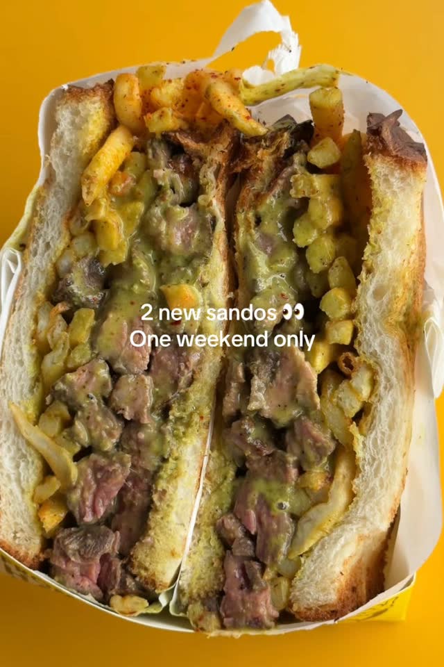 A steak and fries sando from Sunny Side Sandwiches, filmed by byalexclements