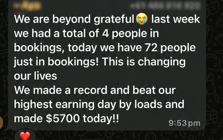 WhatsApp message from Jin Izakaya: last week we had 4 people in bookings, today we have 72, and we made $5,700 today