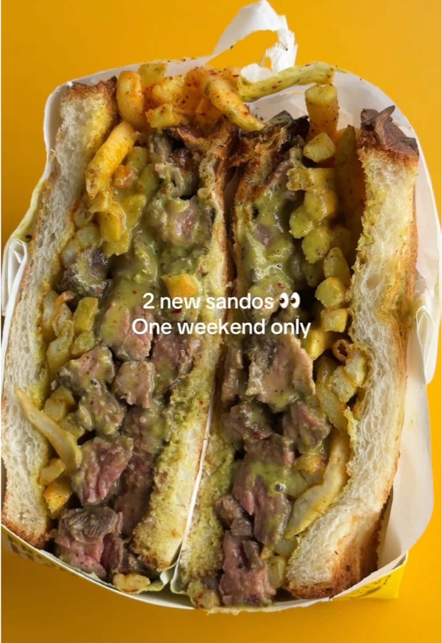 Sunny Side's steak and fries sando, filmed by byalexclements