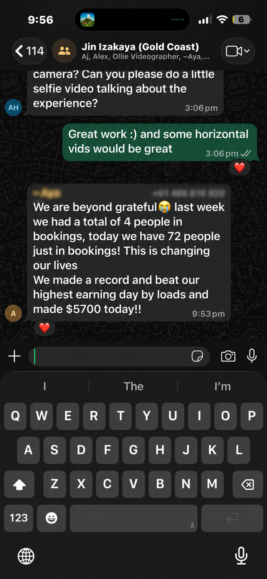 WhatsApp message from Jin Izakaya: last week we had 4 people in bookings, today we have 72, and we beat our record and made $5,700 today